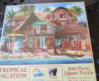 Suns Out Brand 500 Piece Tom Wood Art PUZZLE ''Tropical Vacation''- New 18''x24''