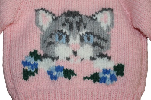 Vintage Handarbeit Reißverschluss Kätzchen Strickjacke rosa Kätzchen Cardigan Mädchen 18-24 Monate 2T - Bild 2 von 4
