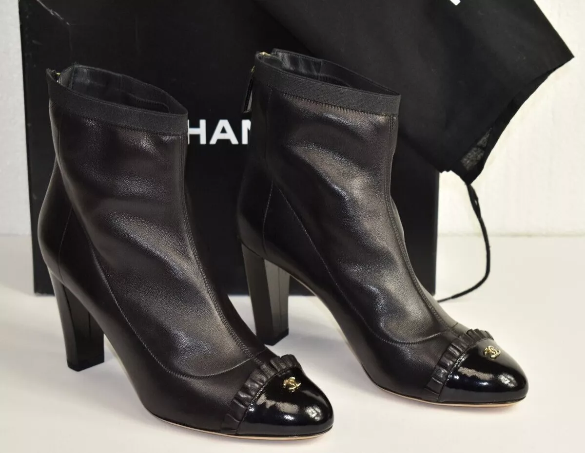 NEW Chanel Cap Toe Leather Ruffle CC Boots Black Patent Heels Zip
