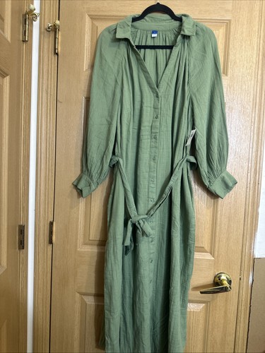 Old Navy 2X Green Button Front Midi Dress Gauze Belted Long Sleeve Boho - Picture 4 of 10