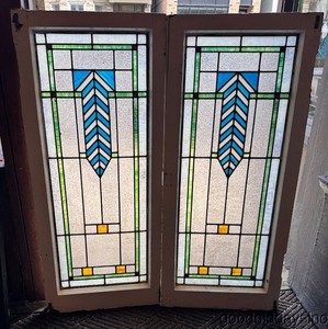 Pair of Antique 1912 Chicago Stained Leaded Glass Windows / Doors 41"x18"