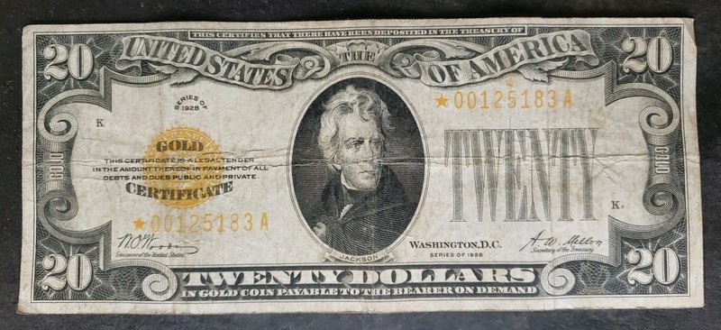 1928 $20 United States Gold Certificate Small STAR Note