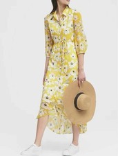 BANANA REPUBLIC 14 Floral Tiered Maxi Shirt Gauze Dress Yellow Floral Hi Low