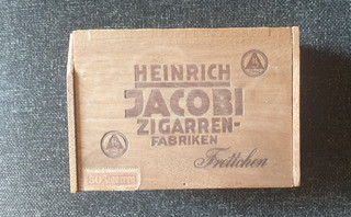 Altes Holz Kästchen 40er Zigarrenfabrik Jacobi Frettchen antik