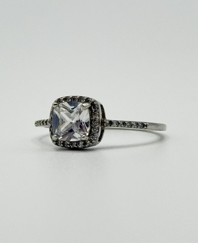 925 Sterling Silver Cushion Cut Clear Stone Halo Ring Size 56 1.62g