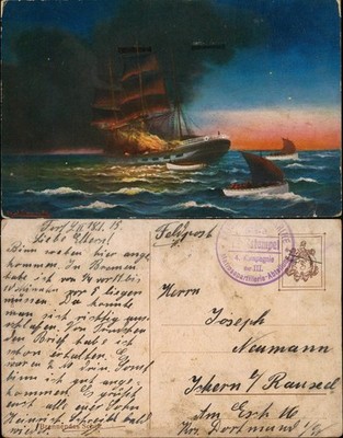 Postcard Warship Navy Burning Ship 1915 Naval Field Post WW1