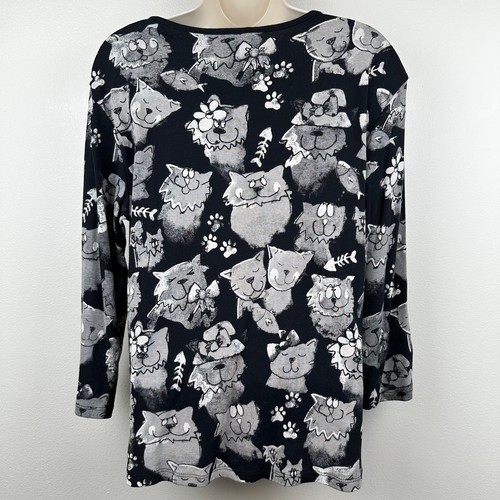 Jess & Jane All Over Cat Print Shirt Top Knit Rhinestones Black Large Cat Medley - Bild 5 von 9
