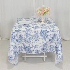 70" x 70" Blue French Toile Pattern Polyester Square Tablecloth  Disposable
