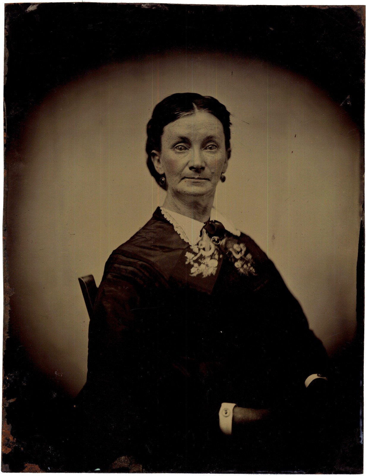 C. 1860s Whole Plate Tintype Older Lady in Fancy Dress in Chair Hand-Tinted