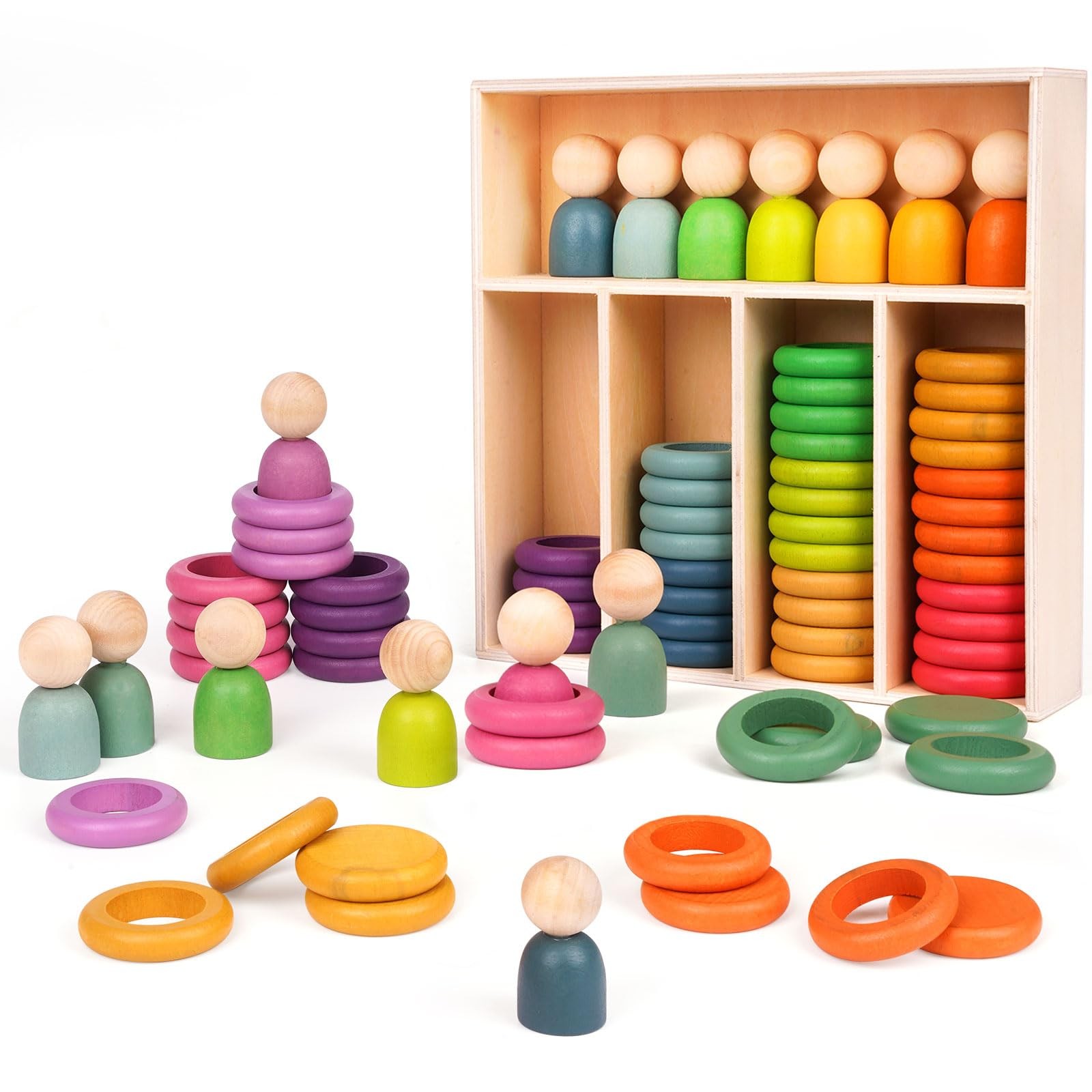 Montessori Toys Wooden Color Sorting Stacking Rings Toy Rainbow Wooden Peg Do...