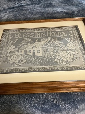 World of Lace Genuine Nottingham Lace Framed Doily ''Bless This House'' Gray/White