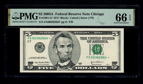 Quality & Embossing 2003-A  $5 Federal Reserve Note Chicago PMG GEM UNC 66 EPQ - Picture 1 of 2