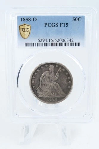 1858-O PCGS F15 Liberty Seated Half Dollar Business Strike 50C