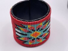 Southwestern Style Hand Crafted Beaded Bangle Bright Multicolor Wide Cuff