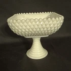 Vintage White Milk Glass Hobnail Square Pedestal Compote Bowl