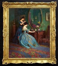 Hand Painted Classical Oil Painting Ladies Dressing Hair Canvas Vintage Style
