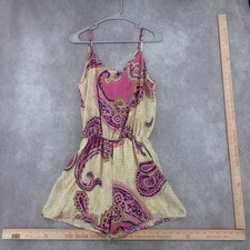 Women  s Pink And Yellow Paisley Print Sleeveless Tank Shorts Romper With Ties M