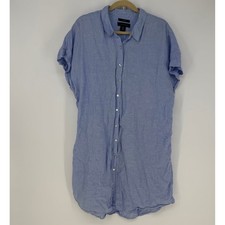Tahari Shirt Dress Womens 1X Blue 100% Linen Short Sleeve Button Up Coastal