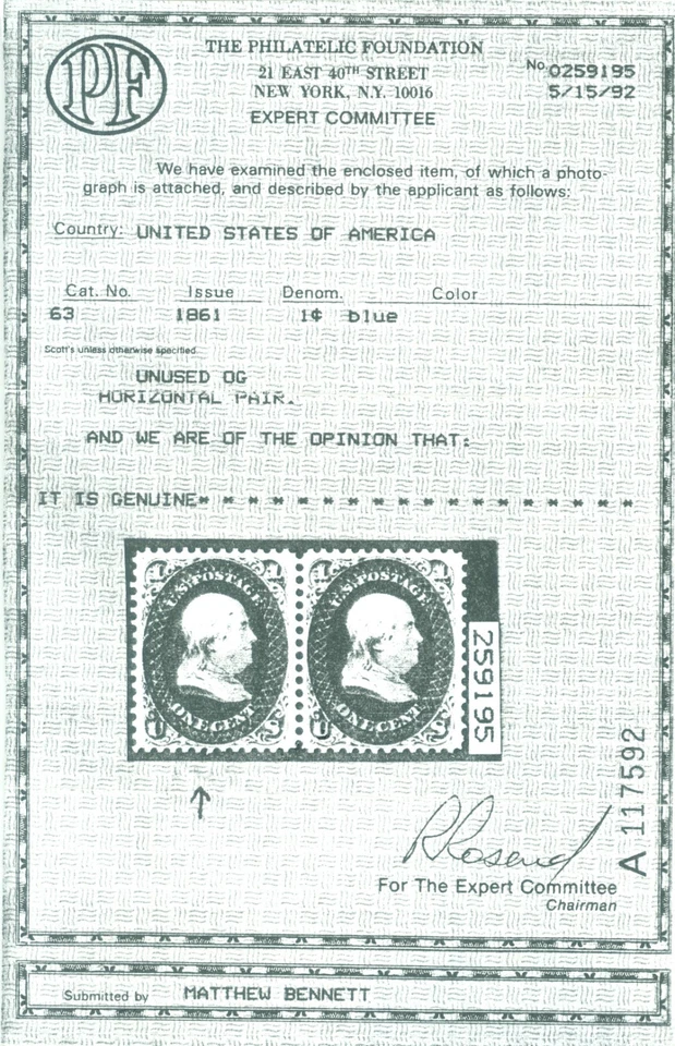 US 1861 Franklin 1c blue Scott # 63 mint MNH VF-XF centering - Image 3 of 3