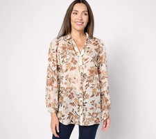 Susan Graver Sz S Regular Sheer Woven Clip Dot Button Front Tunic COPPER A626990