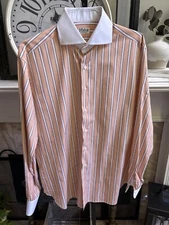 MOHAN Custom Tailor spread collar dress shirt peach & white stripe 16.5 x 38