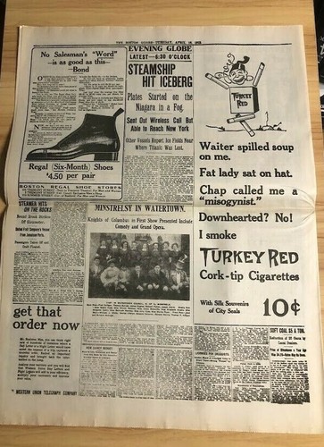 Titanic Sinks, 1500 Die The Boston Daily Globe 1912 Reprint Repo Newspaper - Picture 2 of 4