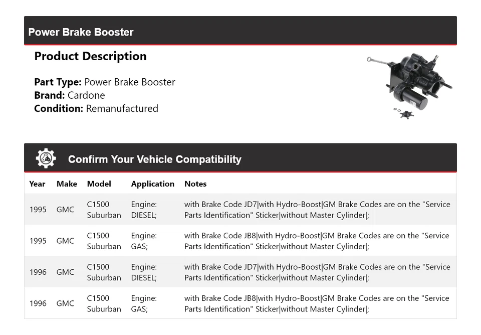 Para GMC C1500 1995-1996 Suburban Power Brake Booster Cardone Foto 2 de 4