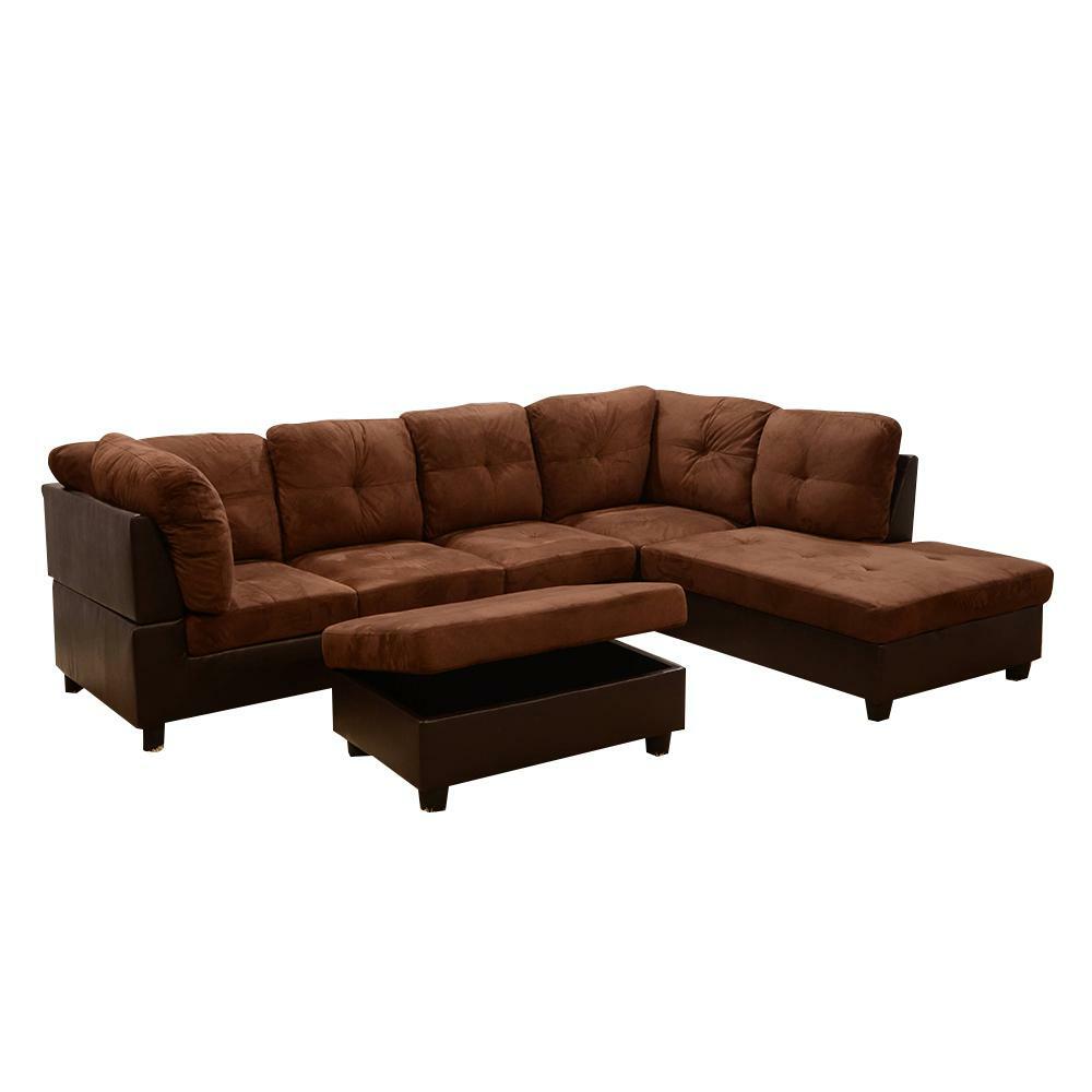 Sectional Sofa Chocolate Microfiber 3-Seater Right-Facing Chaise with Ottoman