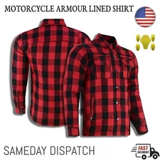 Men Plaid Motorbike Flannel Lumberjack Button Down Shirt with CE Armor Pads Red