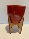 5" Ceramic Pot with Wood Stand Red 8.5” tall