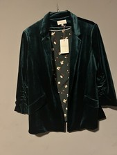 Skies Are Blue Blazer Womens M Ruched 3/4 Sleeve Velvet Open Front Green Euc New