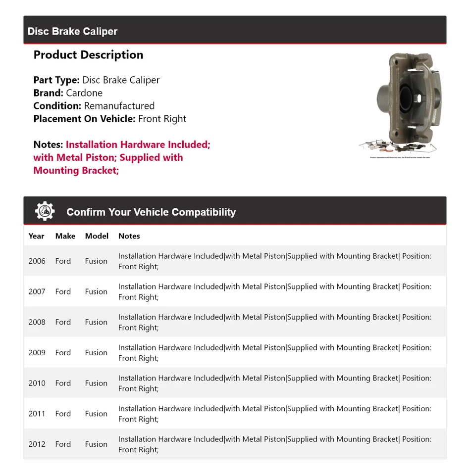 Pinza de freno de disco delantera derecha Cardone 2007 2008 2009 para Ford Fusion 2006-2012 Foto 2 de 4