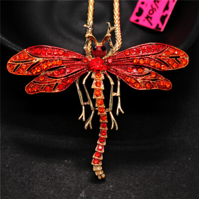Hot Red Crystal Enamel Dragonfly Insect Fashion Lady Pendant Women Necklace