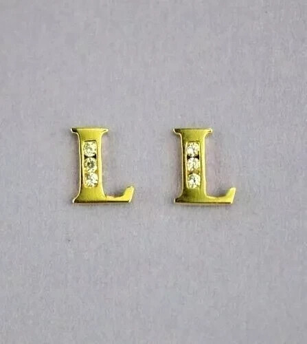 Solid 14k Yellow Gold Initial Letters Stud Earrings w/ Sparkling White CZ Stones - Picture 13 of 27