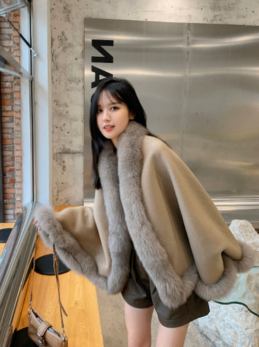 Winter Long Women's Wool Blended Double-sided Tweed Fur Collar Fur Cloak Shawl - Bild 10 von 19