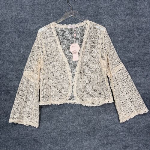 La Renya Cardigan Sweater Women XL Beige Open Weave Crochet Bell Sleeve NWT