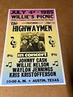 Willie Nelson Picnic Highwaymen Johnny Cash 1985 Cardstock Concert Poster 12x18