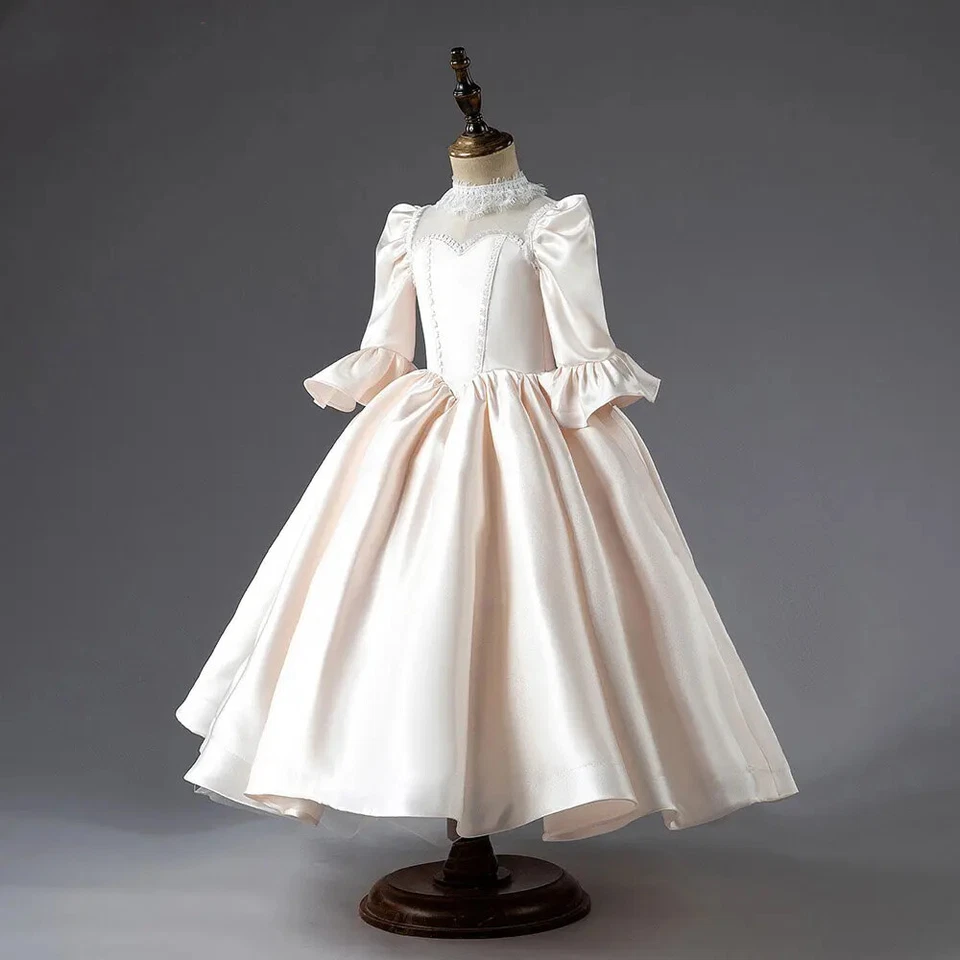 Elegent Satin High Neck Girl Dress with Sleeve Kids Princess Birthday Party Gown - Image 4 of 4