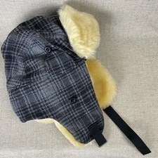 Woolrich Hat Plaid Wool Shearling Lined Winter Hunter Trapper Gray M