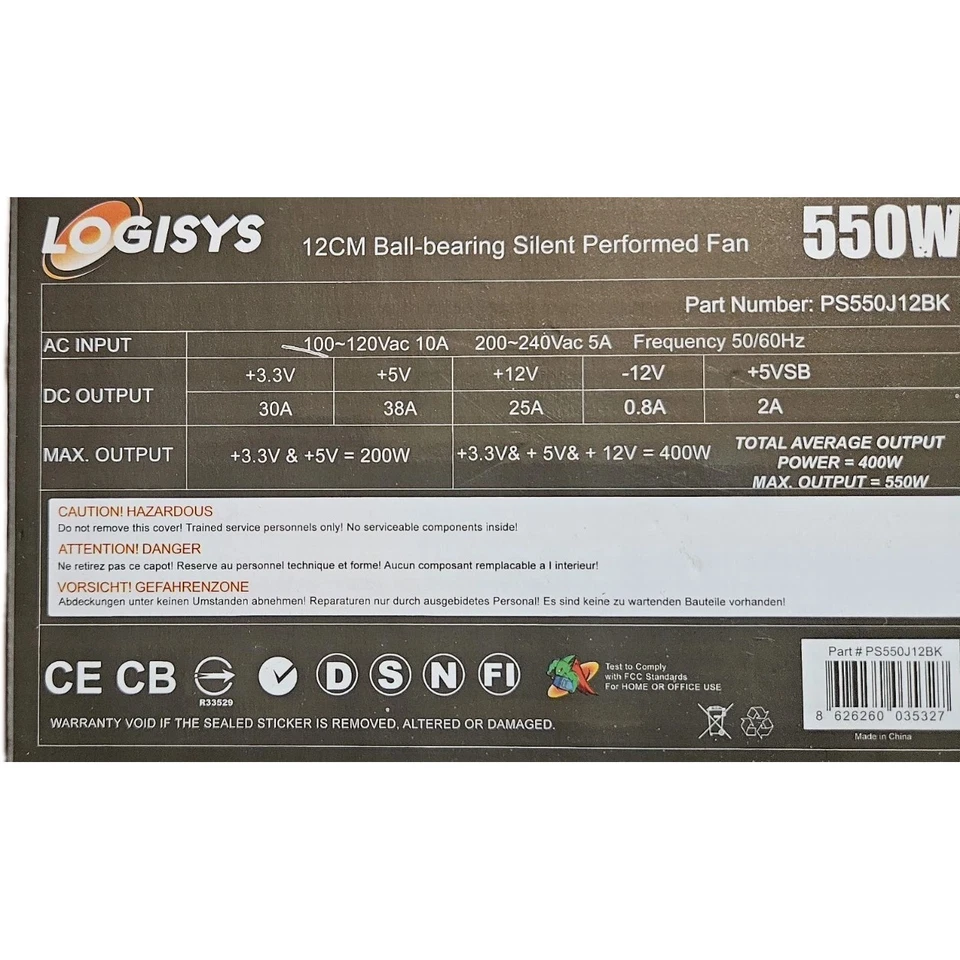 Logisys  Black 550w 120mm Ball Bearing Fan Power Supply  - Image 2 of 3