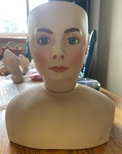 Vintage Porcelain Bisque Doll Head, Bust, Glass Eyes, Artist Signed 1980 LADY
