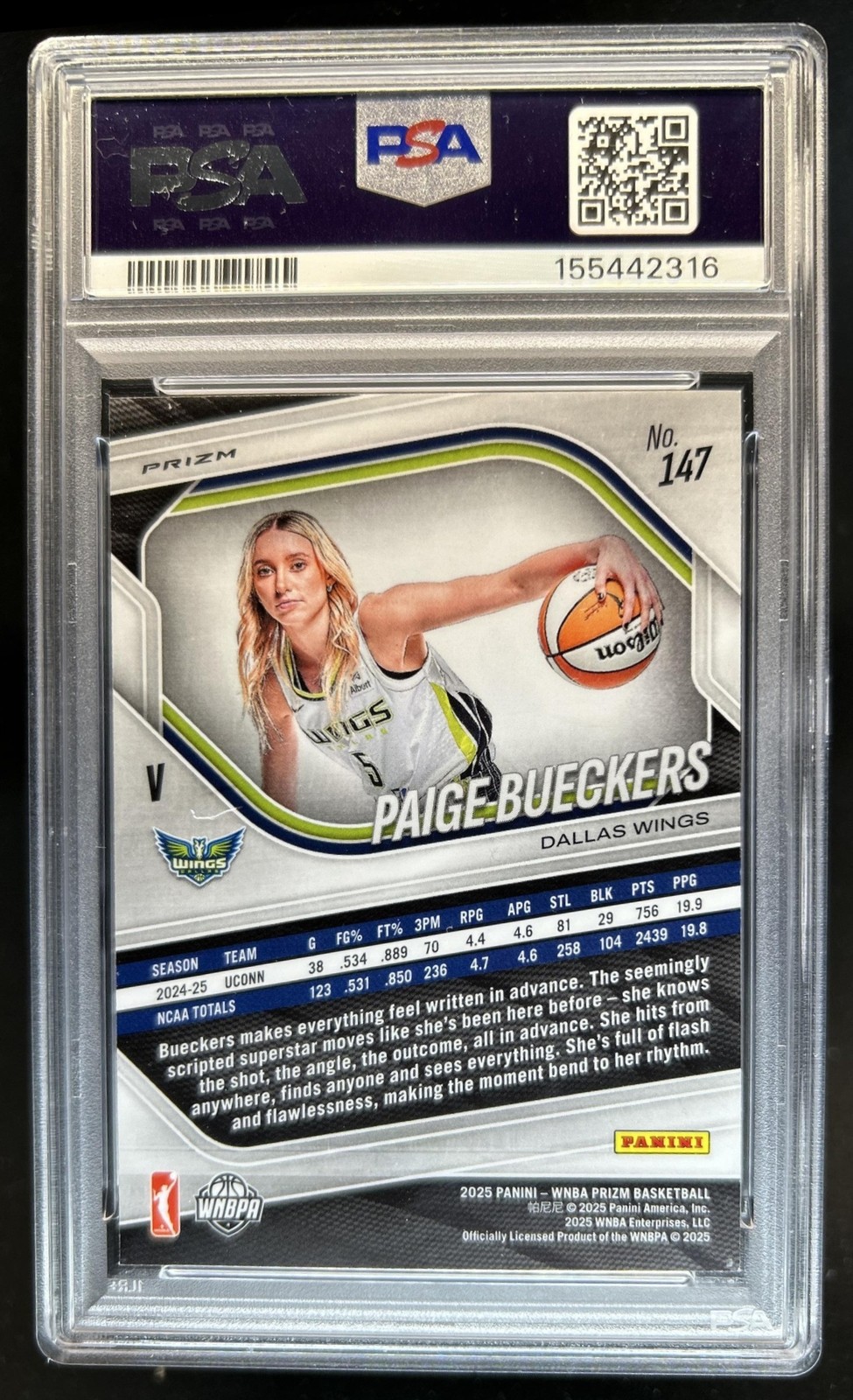 2025 Panini WNBA Prizm Paige Bueckers RC Logo Rookie #147 Wings PSA 10 GEM MINT view 2