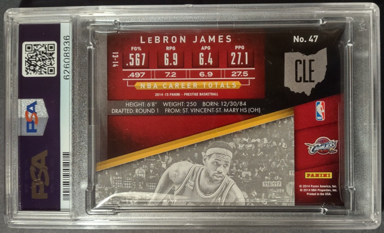 2014-15 Panini Prestige Lebron James 47 PSA 9 view 2