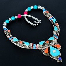 Collana etnica tibetana in argento sterling 925 con corallo turchese lapislaz...