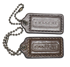 COACH Dune Brown  Pewter Gray Leather Tag Fobs Set