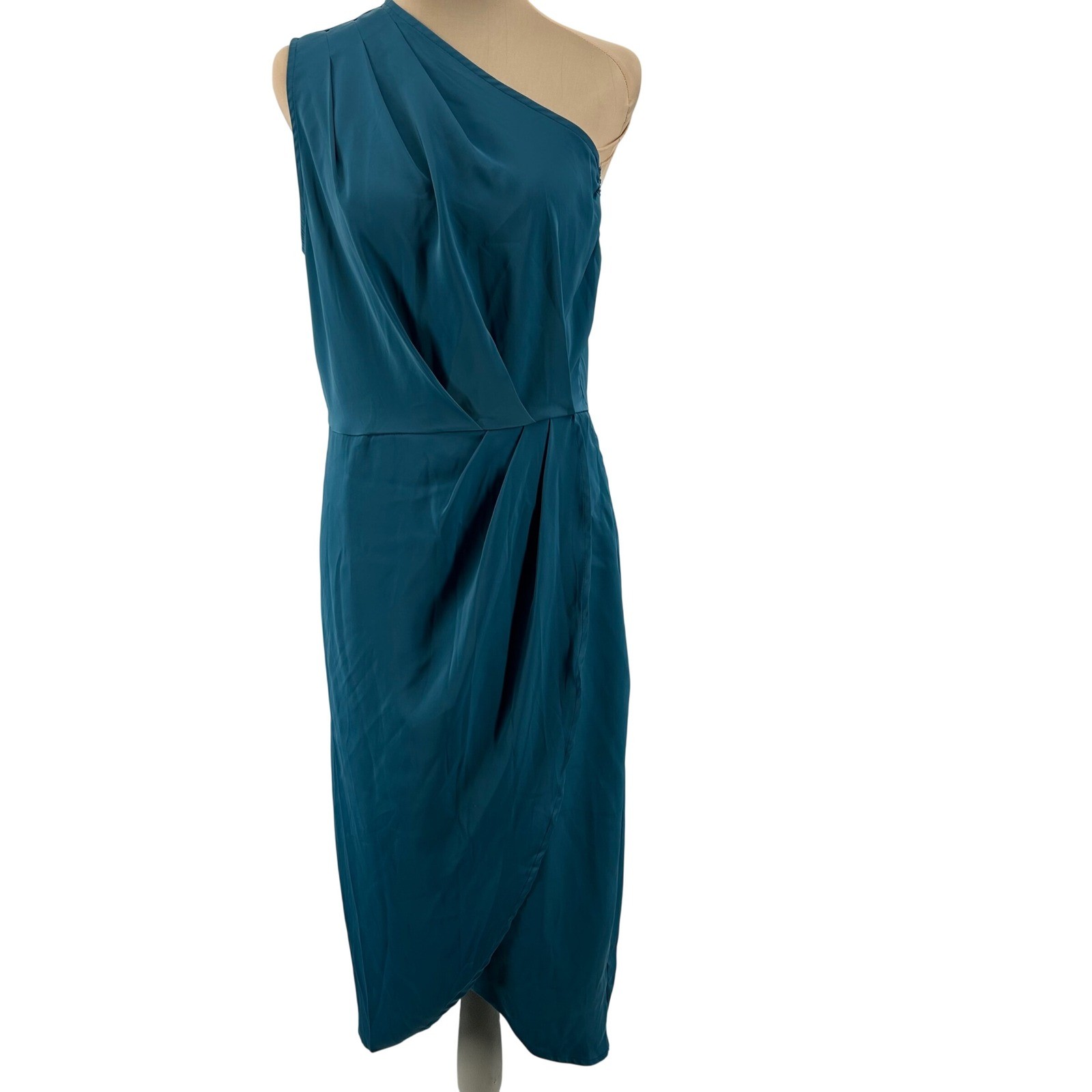 PrettyGarden One Shoulder Teal Blue Draped Wrap Midi Dress Size Medium 7078