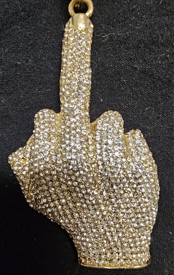 Iced Out Middle Finger Pendant Real Gold Plated - Stainles Steel Chain Hip Hop - Image 2 of 4