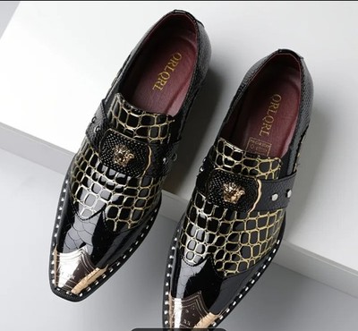 ORIQRE Black Gold Monk Strap Dress Shoes Animal Print Metallic Studded Toe  | eBay