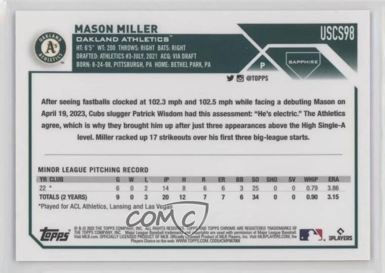 2023 Chrome Update Sapphire Edition Debut Orange /25 Mason Miller Rookie RC - Image 2 of 2