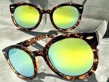 Exaggerated Classy Vintage Retro Style SUNGLASSES Round Tortoise Frame Gold Lens